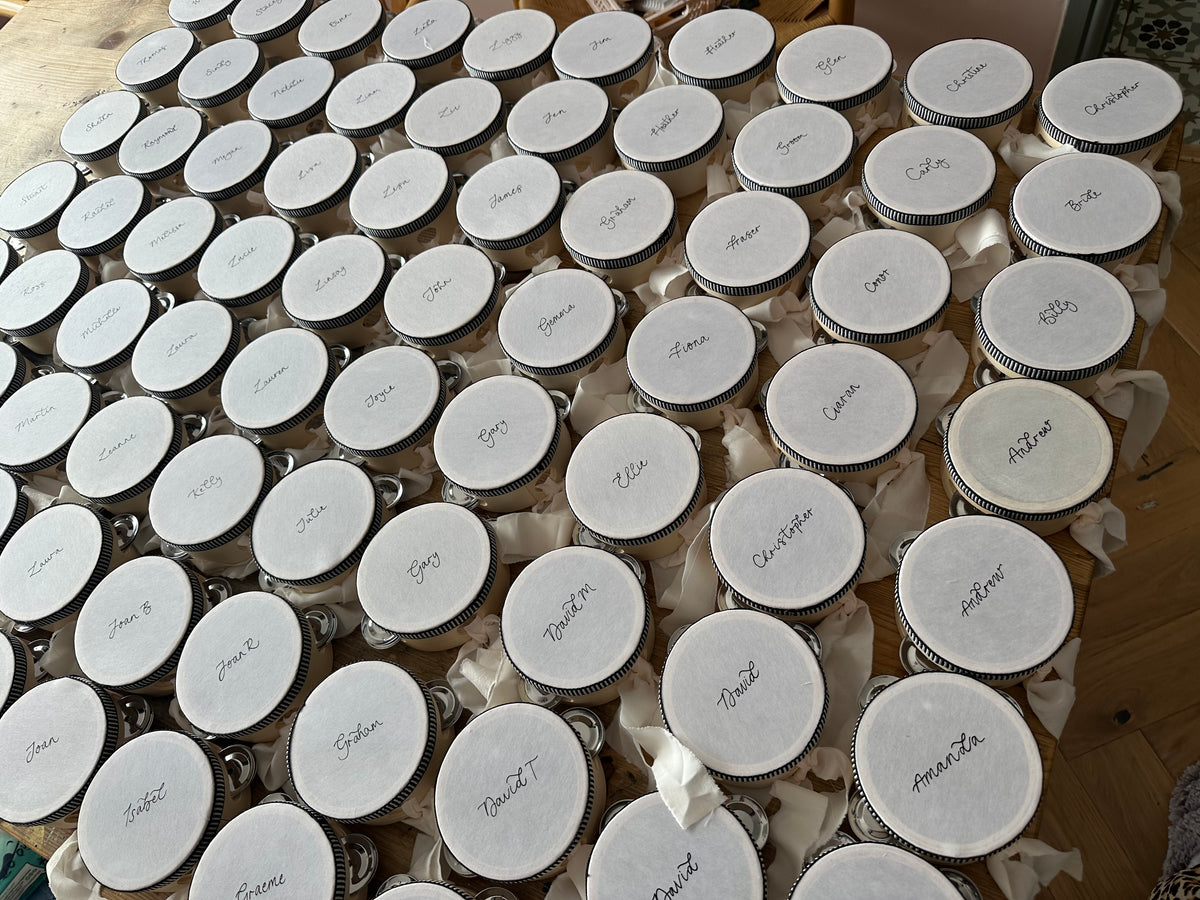 Handwritten Calligraphy Tambourine Place Cards | Personalised Wedding Tambourine Name Favour | 20% off over 100qty