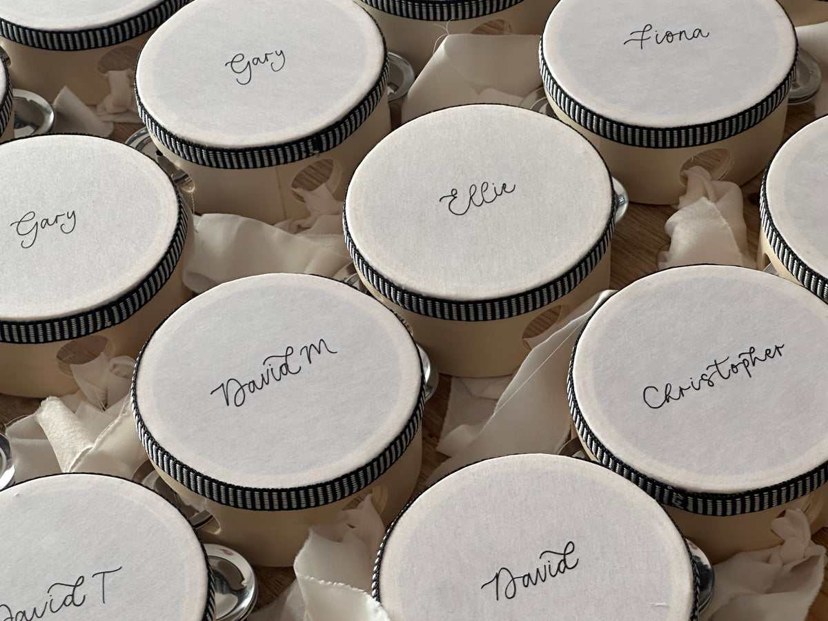 Handwritten Calligraphy Tambourine Place Cards | Personalised Wedding Tambourine Name Favour | 20% off over 100qty