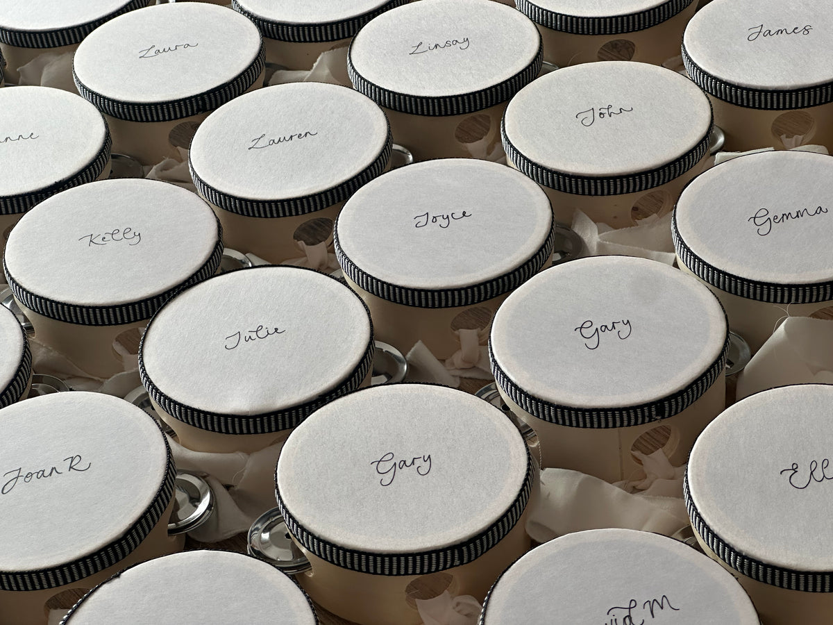 Handwritten Calligraphy Tambourine Place Cards | Personalised Wedding Tambourine Name Favour | 20% off over 100qty
