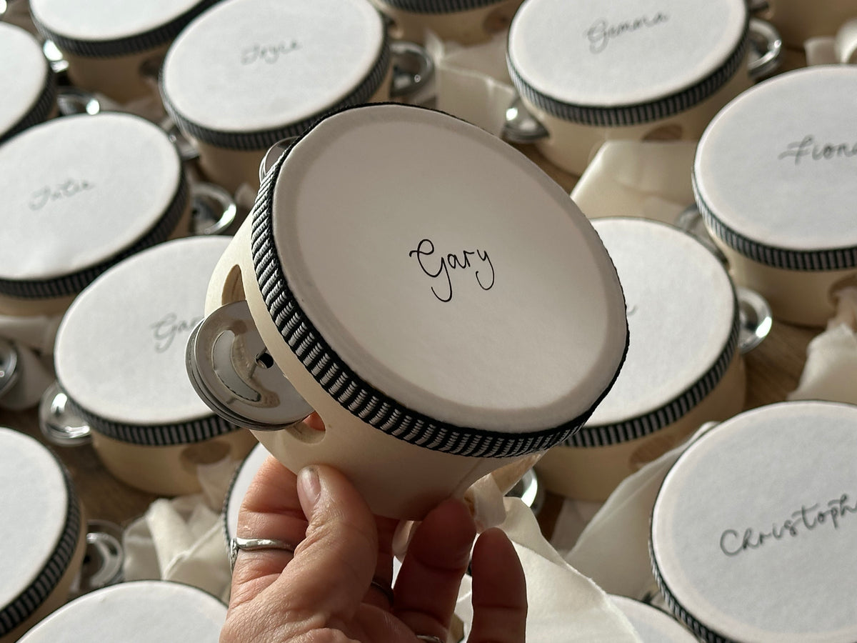 Handwritten Calligraphy Tambourine Place Cards | Personalised Wedding Tambourine Name Favour | 20% off over 100qty