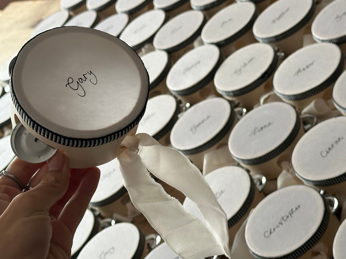Handwritten Calligraphy Tambourine Place Cards | Personalised Wedding Tambourine Name Favour | 20% off over 100qty