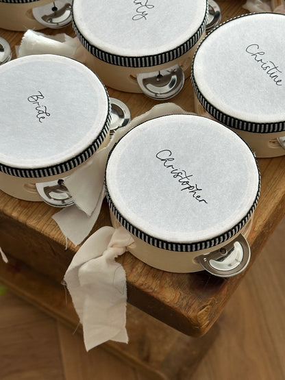 Handwritten Calligraphy Tambourine Place Cards | Personalised Wedding Tambourine Name Favour | 20% off over 100qty