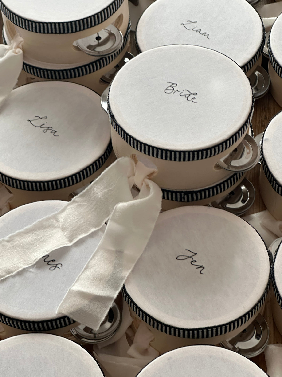 Handwritten Calligraphy Tambourine Place Cards | Personalised Wedding Tambourine Name Favour | 20% off over 100qty