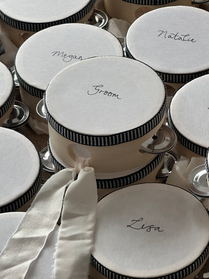 Handwritten Calligraphy Tambourine Place Cards | Personalised Wedding Tambourine Name Favour | 20% off over 100qty