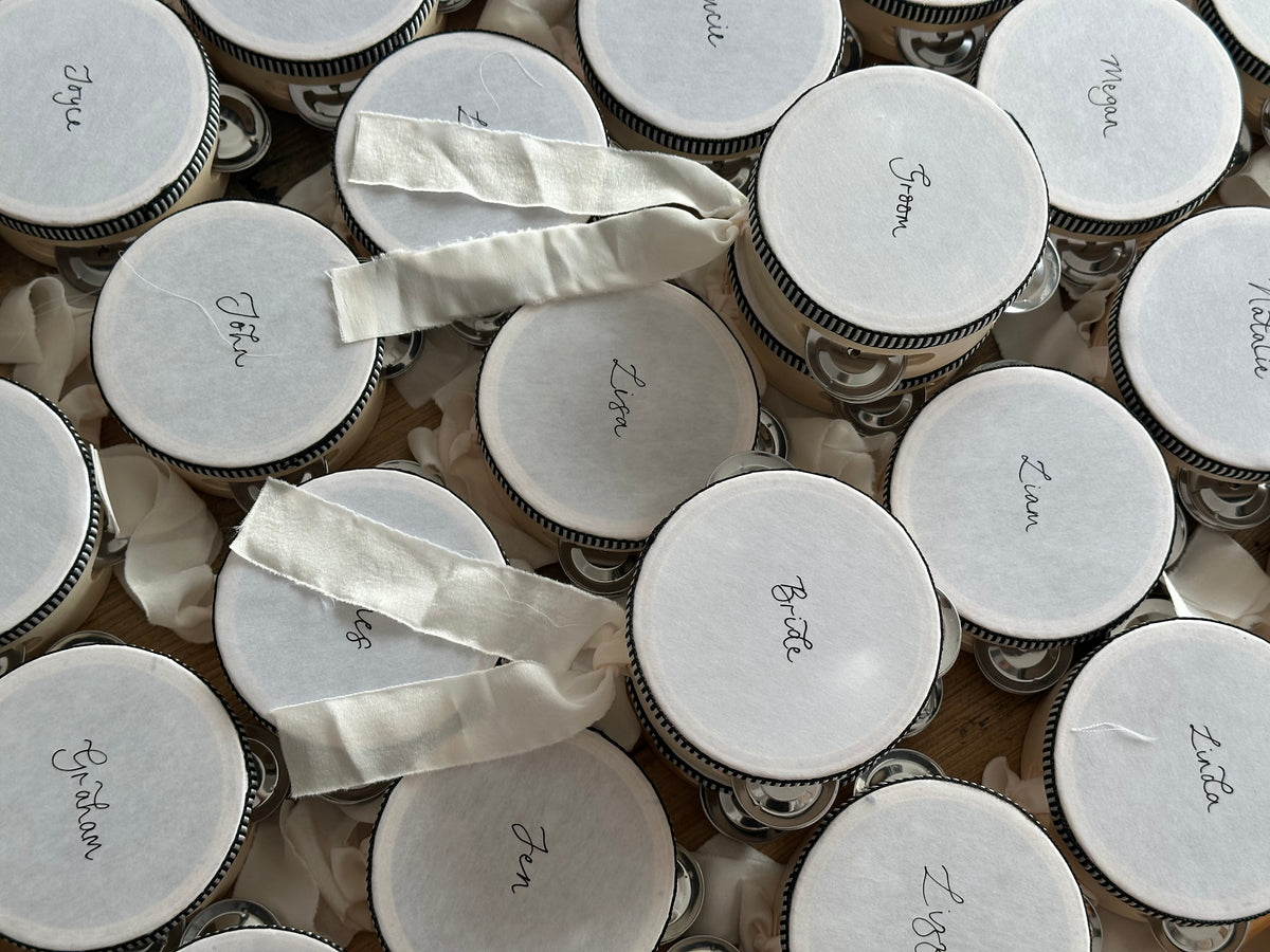 Handwritten Calligraphy Tambourine Place Cards | Personalised Wedding Tambourine Name Favour | 20% off over 100qty