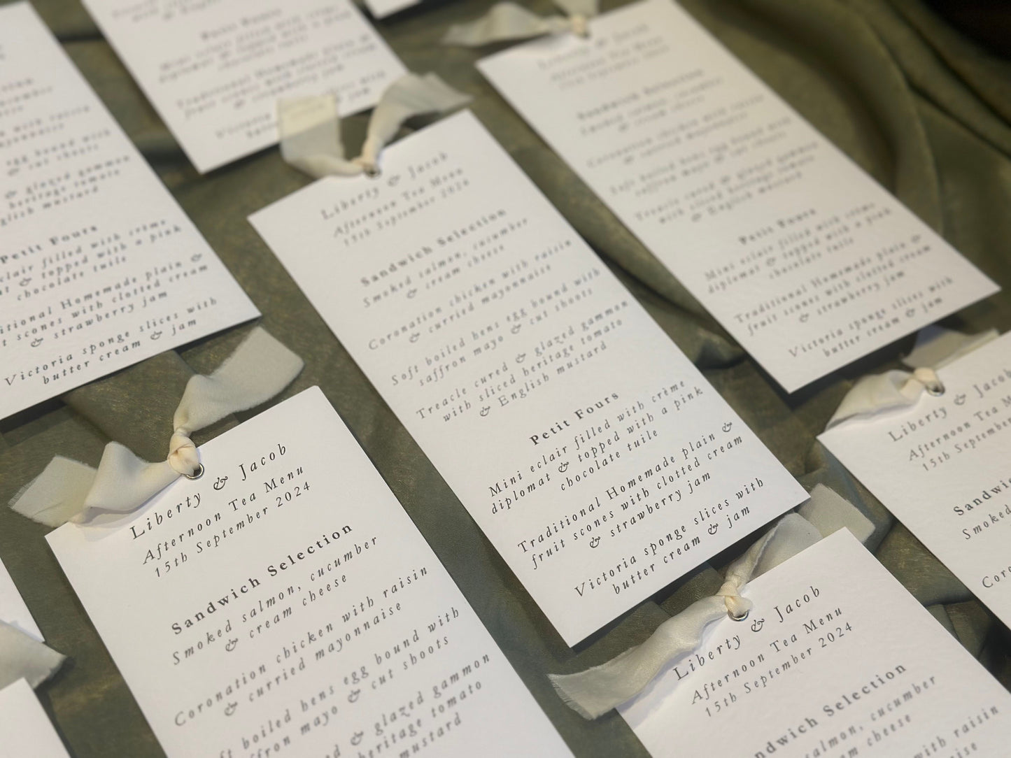 Skinny White Menu Card with Chiffon Ribbon | Printed Personalised Wedding Menu Card