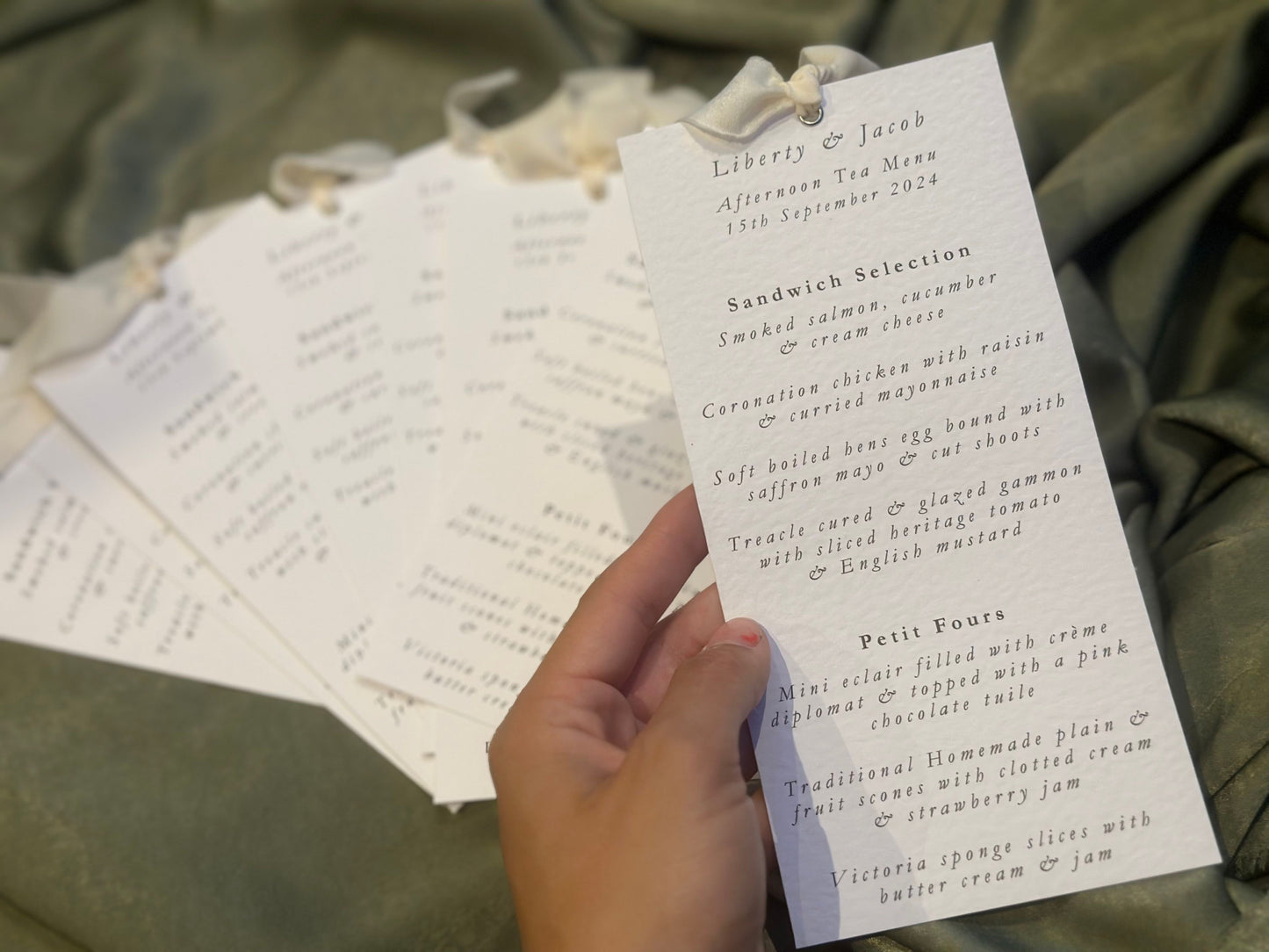 Skinny White Menu Card with Chiffon Ribbon | Printed Personalised Wedding Menu Card