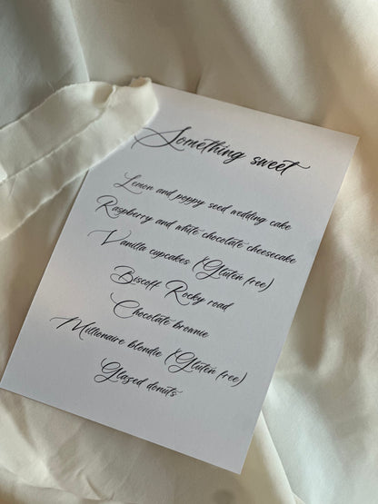 White Menu Card with Chiffon Ribbon | Printed Personalised Wedding Menu Card