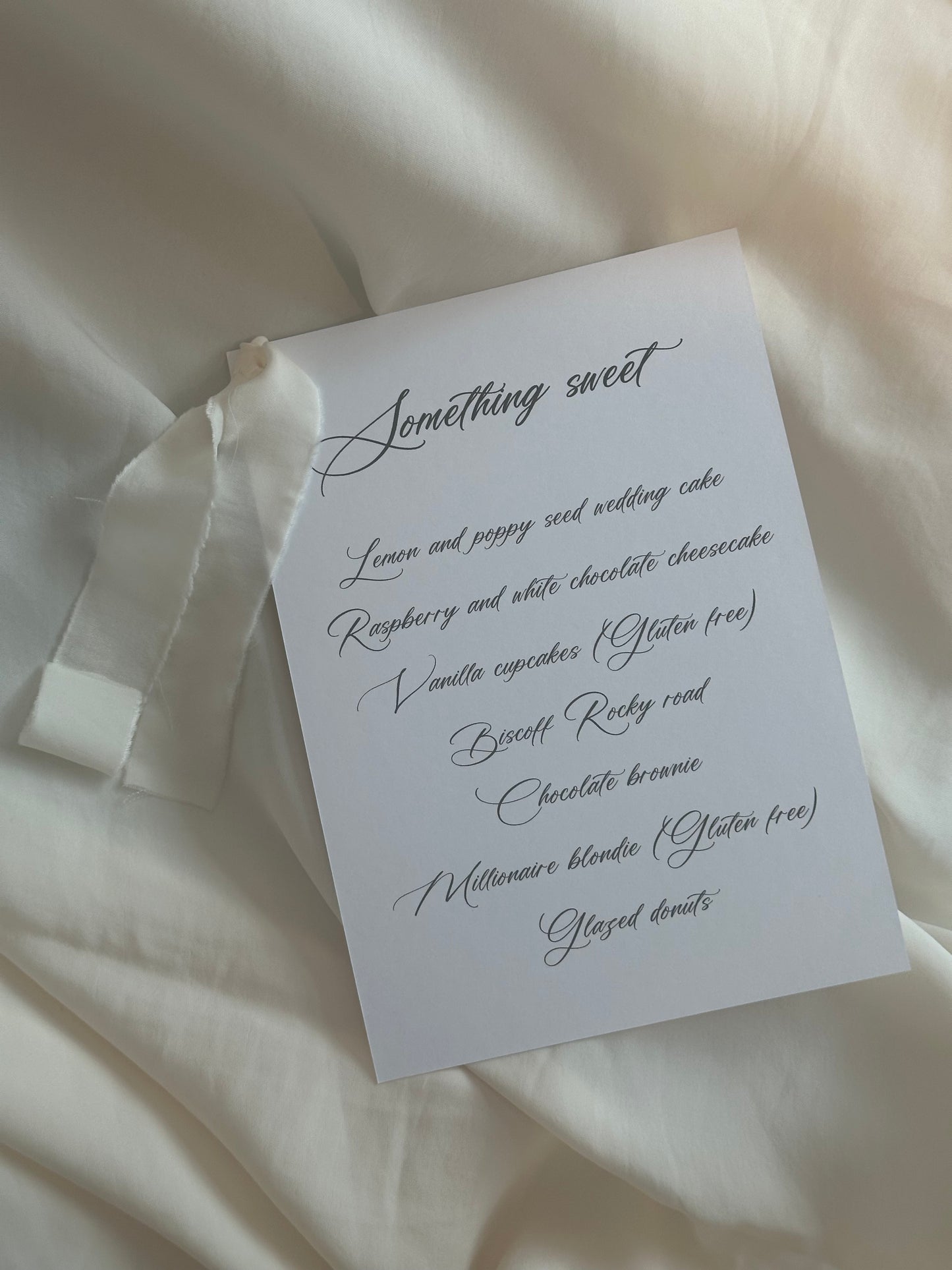 White Menu Card with Chiffon Ribbon | Printed Personalised Wedding Menu Card