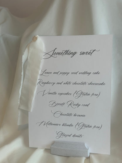 White Menu Card with Chiffon Ribbon | Printed Personalised Wedding Menu Card