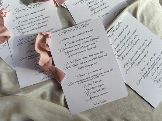 White Menu Card with Chiffon Ribbon | Printed Personalised Wedding Menu Card
