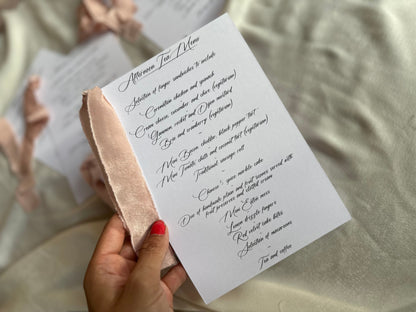 White Menu Card with Chiffon Ribbon | Printed Personalised Wedding Menu Card