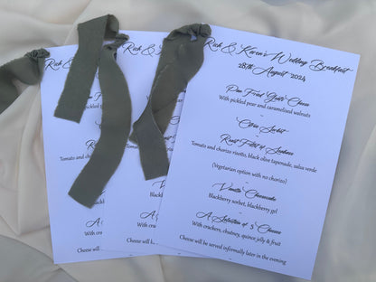 White Menu Card with Chiffon Ribbon | Printed Personalised Wedding Menu Card