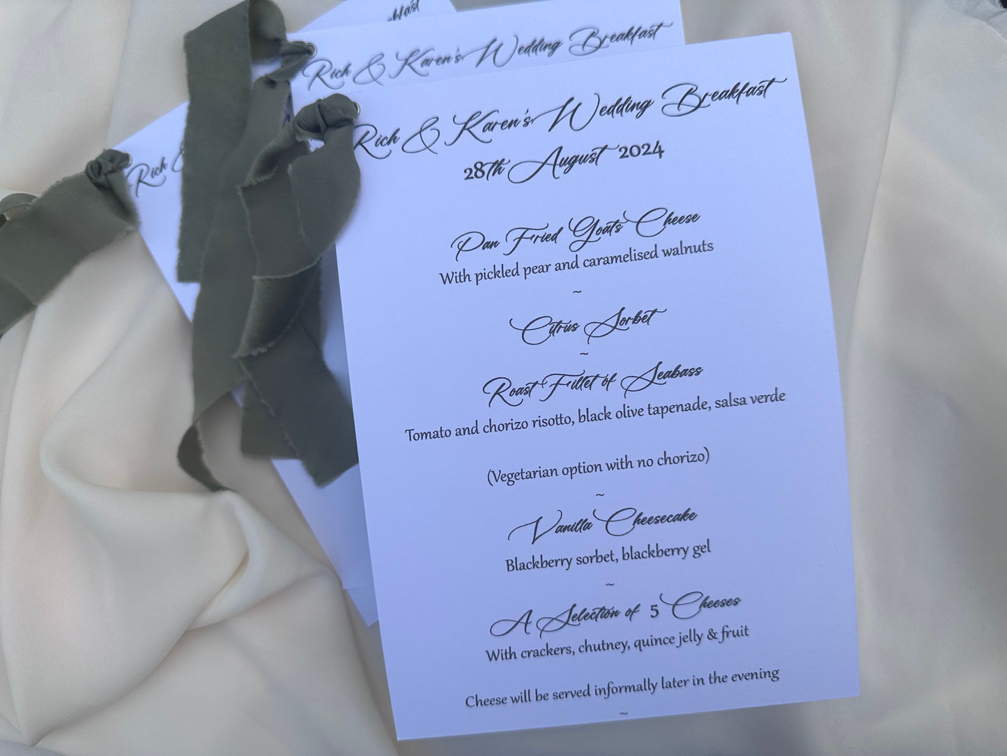 White Menu Card with Chiffon Ribbon | Printed Personalised Wedding Menu Card