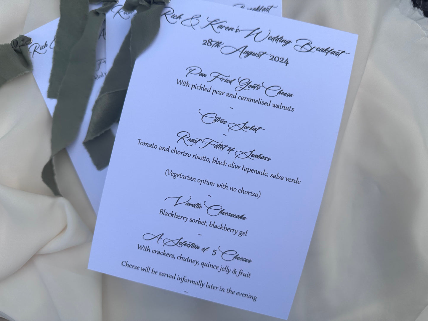 White Menu Card with Chiffon Ribbon | Printed Personalised Wedding Menu Card