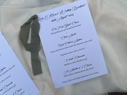 White Menu Card with Chiffon Ribbon | Printed Personalised Wedding Menu Card