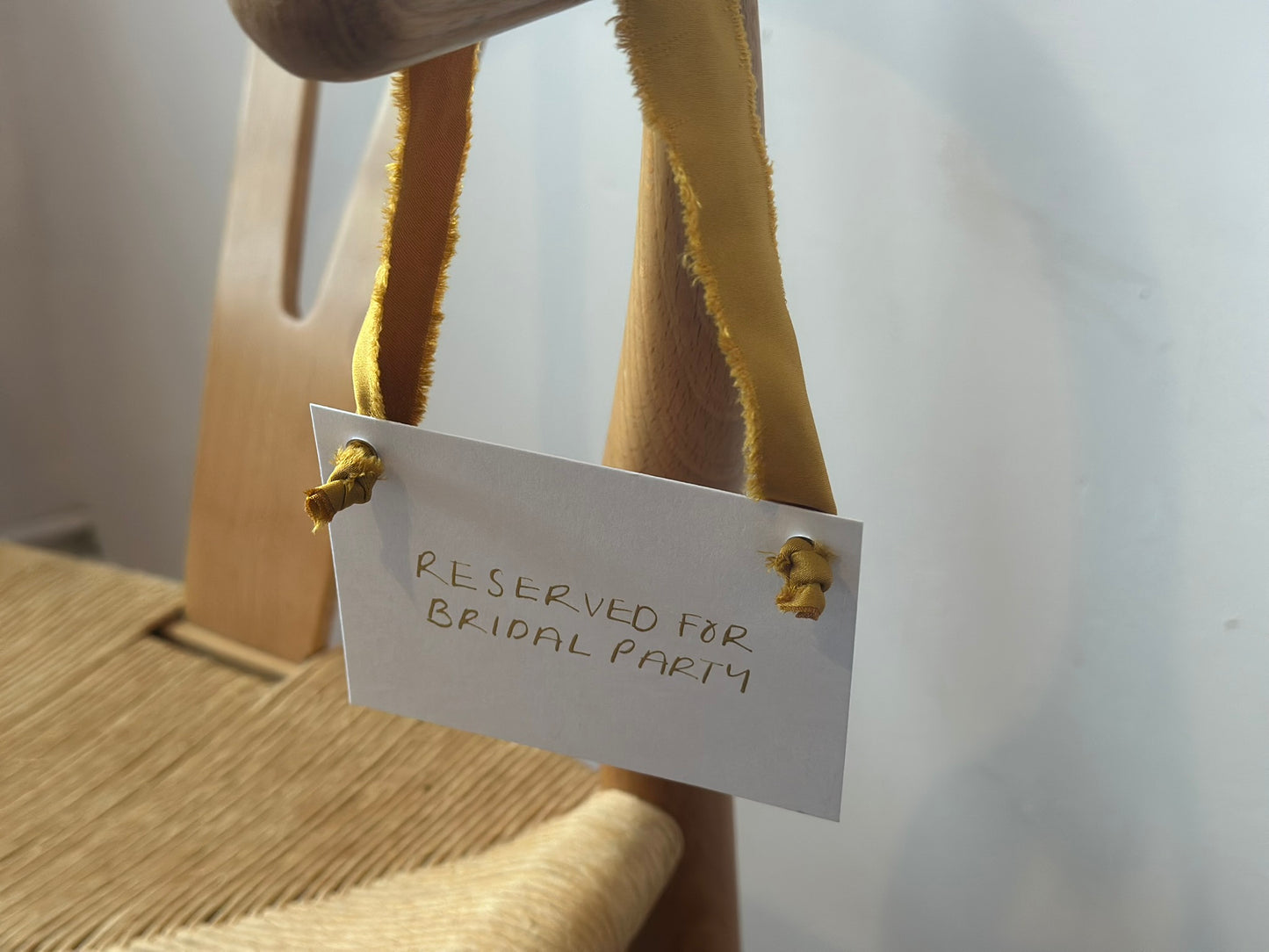 GOLD Chiffon Ribbon Minimal Wedding Reserved Chair Sign | A7 Handwritten Wedding Reserved Sign Card | Gold or Silver Eyelet