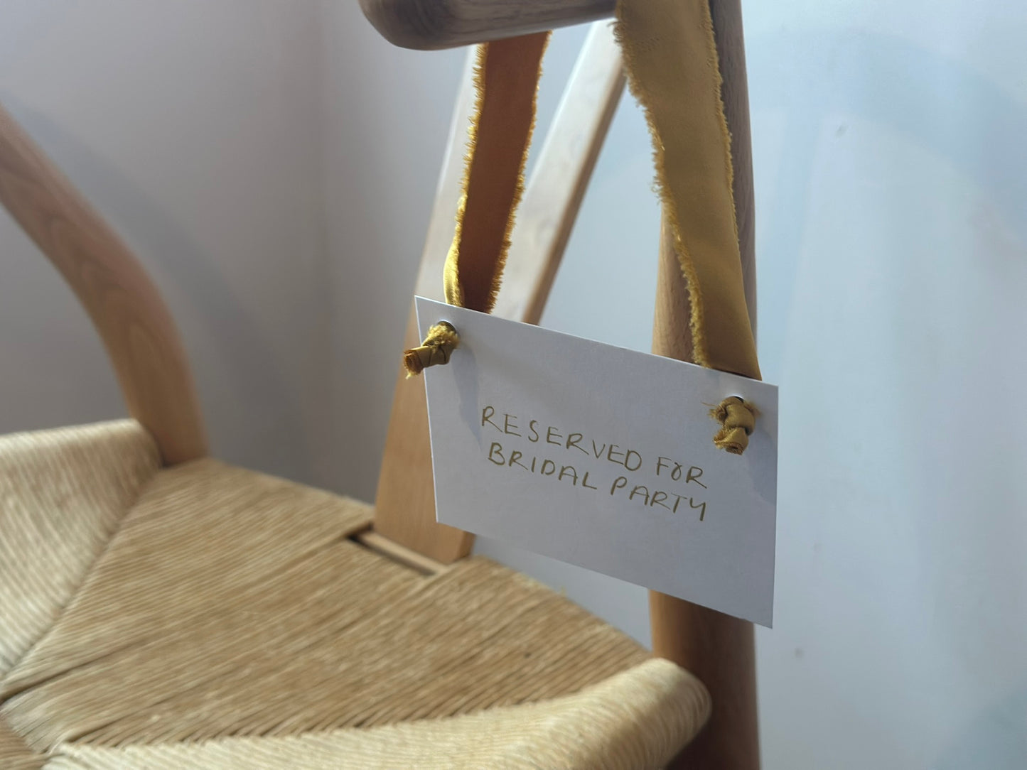 GOLD Chiffon Ribbon Minimal Wedding Reserved Chair Sign | A7 Handwritten Wedding Reserved Sign Card | Gold or Silver Eyelet