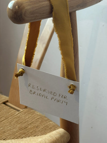 GOLD Chiffon Ribbon Minimal Wedding Reserved Chair Sign | A7 Handwritten Wedding Reserved Sign Card | Gold or Silver Eyelet