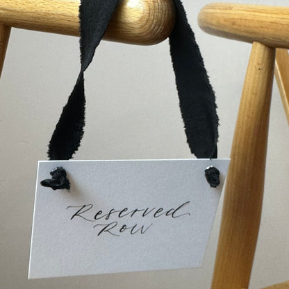 BLACK Chiffon Ribbon Calligraphy Wedding Reserved Chair Sign | A7 Calligraphy Wedding Reserved Sign Card | Gold or Silver Eyelet
