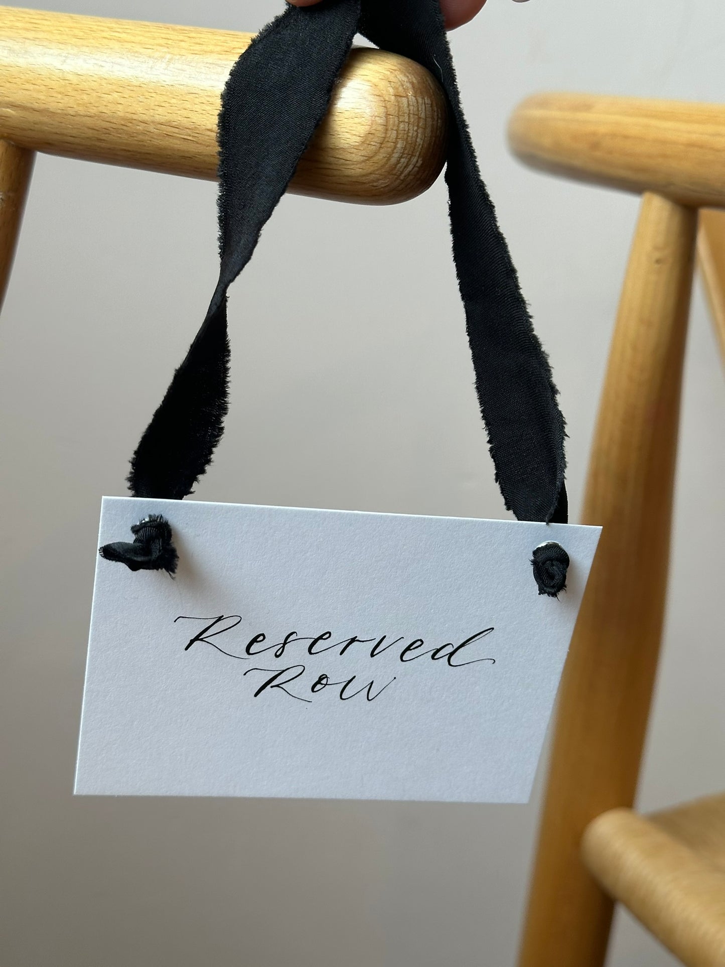 BLACK Chiffon Ribbon Calligraphy Wedding Reserved Chair Sign | A7 Calligraphy Wedding Reserved Sign Card | Gold or Silver Eyelet