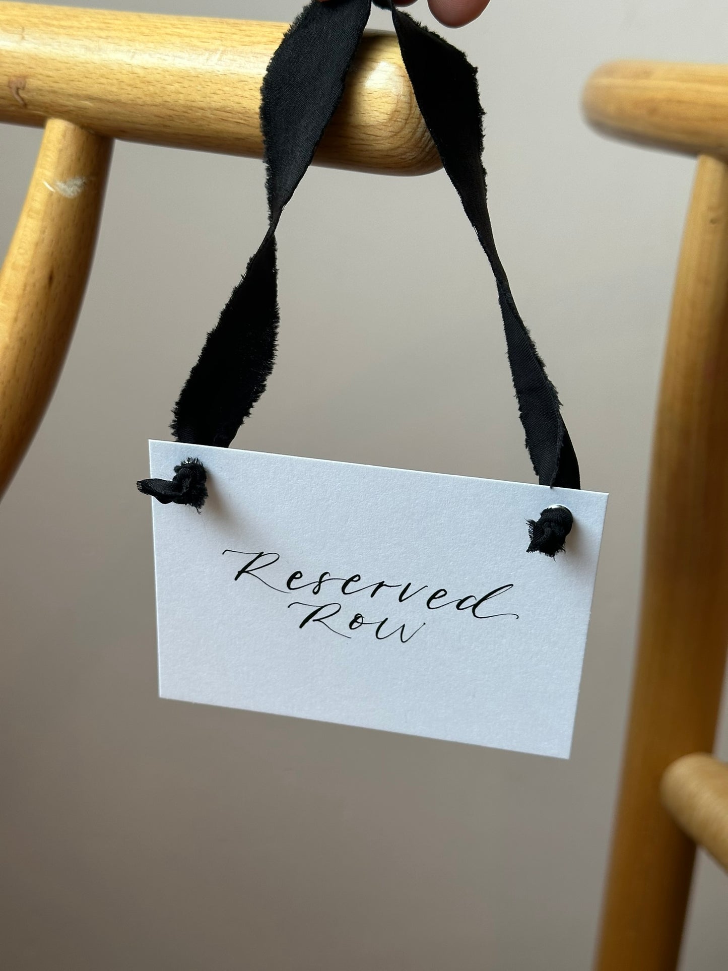 BLACK Chiffon Ribbon Calligraphy Wedding Reserved Chair Sign | A7 Calligraphy Wedding Reserved Sign Card | Gold or Silver Eyelet