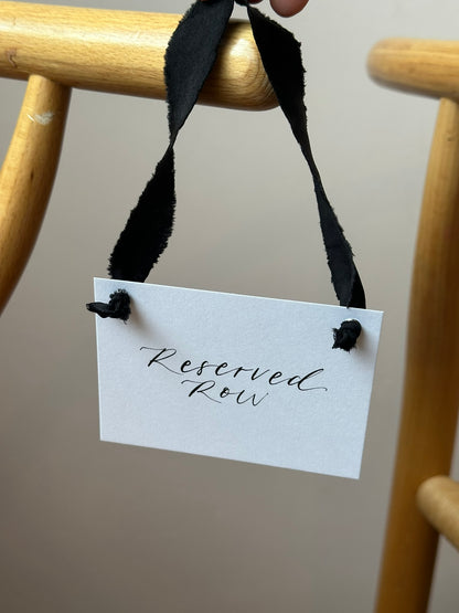 BLACK Chiffon Ribbon Calligraphy Wedding Reserved Chair Sign | A7 Calligraphy Wedding Reserved Sign Card | Gold or Silver Eyelet