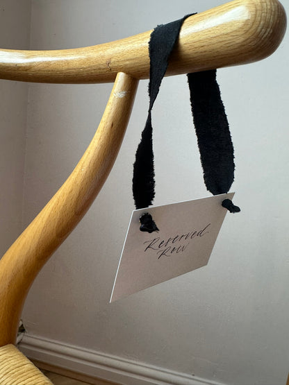 BLACK Chiffon Ribbon Calligraphy Wedding Reserved Chair Sign | A7 Calligraphy Wedding Reserved Sign Card | Gold or Silver Eyelet