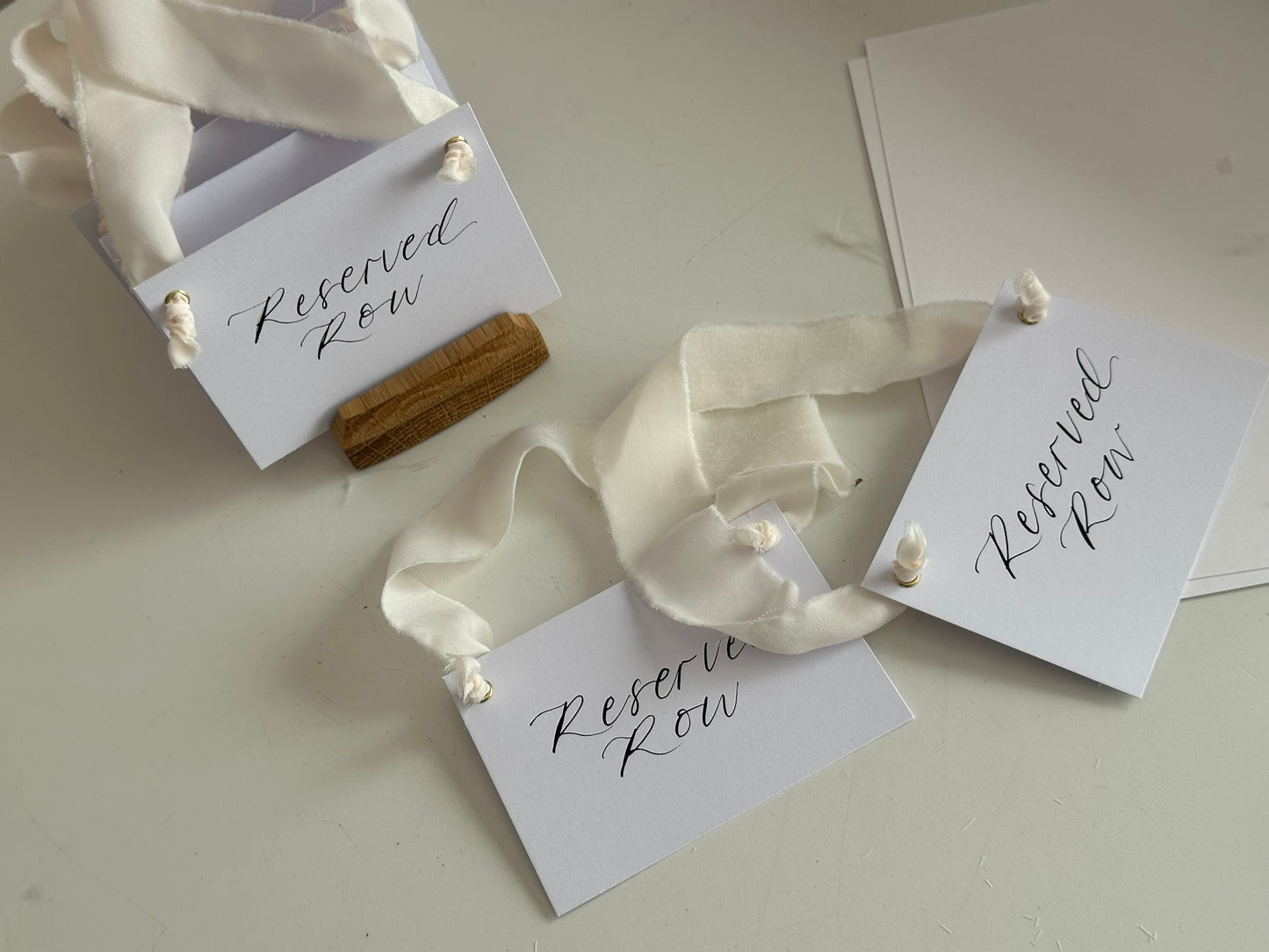 CHAMPAGNE Chiffon Ribbon Calligraphy Wedding Reserved Chair Sign | A7 Calligraphy Wedding Reserved Sign Card | Gold or Silver Eyelet