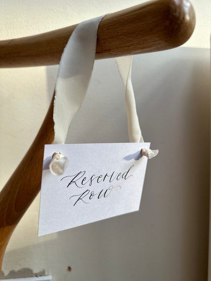 CHAMPAGNE Chiffon Ribbon Calligraphy Wedding Reserved Chair Sign | A7 Calligraphy Wedding Reserved Sign Card | Gold or Silver Eyelet