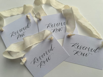 CHAMPAGNE Chiffon Ribbon Calligraphy Wedding Reserved Chair Sign | A7 Calligraphy Wedding Reserved Sign Card | Gold or Silver Eyelet