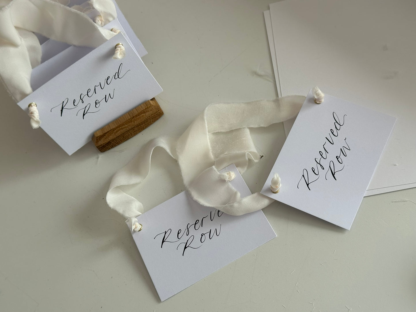 CHAMPAGNE Chiffon Ribbon Calligraphy Wedding Reserved Chair Sign | A7 Calligraphy Wedding Reserved Sign Card | Gold or Silver Eyelet