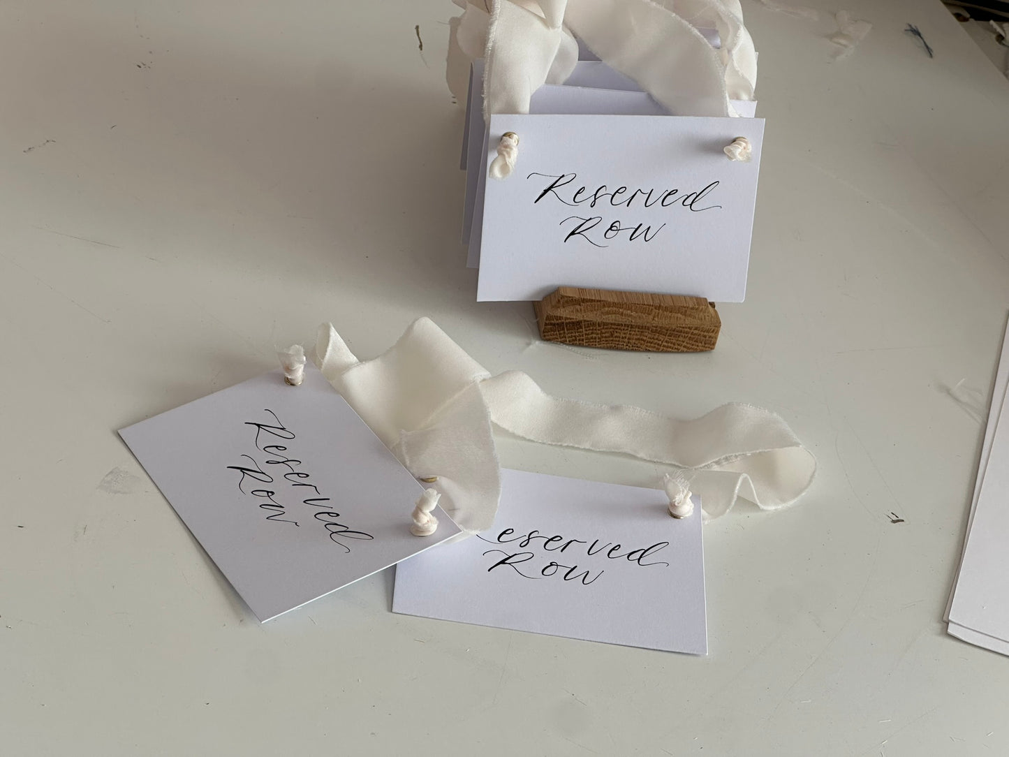 CHAMPAGNE Chiffon Ribbon Calligraphy Wedding Reserved Chair Sign | A7 Calligraphy Wedding Reserved Sign Card | Gold or Silver Eyelet