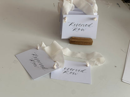 CHAMPAGNE Chiffon Ribbon Calligraphy Wedding Reserved Chair Sign | A7 Calligraphy Wedding Reserved Sign Card | Gold or Silver Eyelet