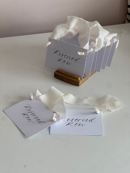 CHAMPAGNE Chiffon Ribbon Calligraphy Wedding Reserved Chair Sign | A7 Calligraphy Wedding Reserved Sign Card | Gold or Silver Eyelet