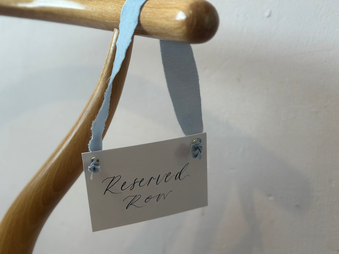 DUSKY BLUE Chiffon Ribbon Calligraphy Wedding Reserved Chair Sign | A7 Calligraphy Wedding Reserved Sign Card | Gold or Silver Eyelet