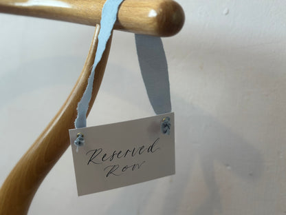 DUSKY BLUE Chiffon Ribbon Calligraphy Wedding Reserved Chair Sign | A7 Calligraphy Wedding Reserved Sign Card | Gold or Silver Eyelet