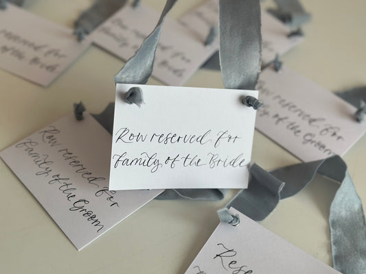 DUSKY BLUE Chiffon Ribbon Calligraphy Wedding Reserved Chair Sign | A7 Calligraphy Wedding Reserved Sign Card | Gold or Silver Eyelet