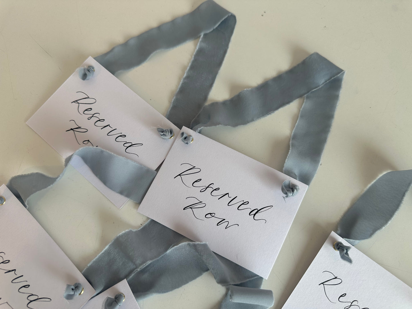 DUSKY BLUE Chiffon Ribbon Calligraphy Wedding Reserved Chair Sign | A7 Calligraphy Wedding Reserved Sign Card | Gold or Silver Eyelet