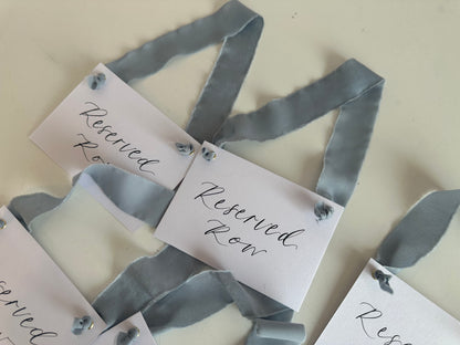 DUSKY BLUE Chiffon Ribbon Calligraphy Wedding Reserved Chair Sign | A7 Calligraphy Wedding Reserved Sign Card | Gold or Silver Eyelet