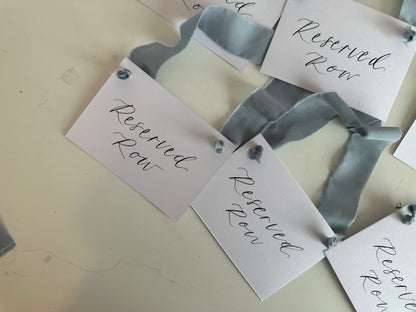 DUSKY BLUE Chiffon Ribbon Calligraphy Wedding Reserved Chair Sign | A7 Calligraphy Wedding Reserved Sign Card | Gold or Silver Eyelet