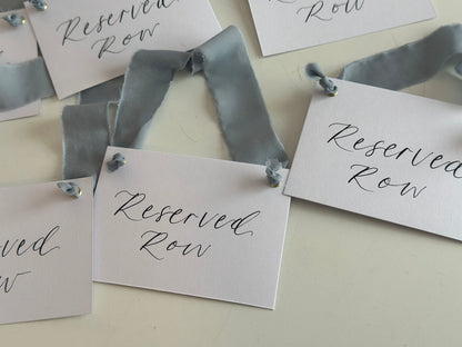 DUSKY BLUE Chiffon Ribbon Calligraphy Wedding Reserved Chair Sign | A7 Calligraphy Wedding Reserved Sign Card | Gold or Silver Eyelet