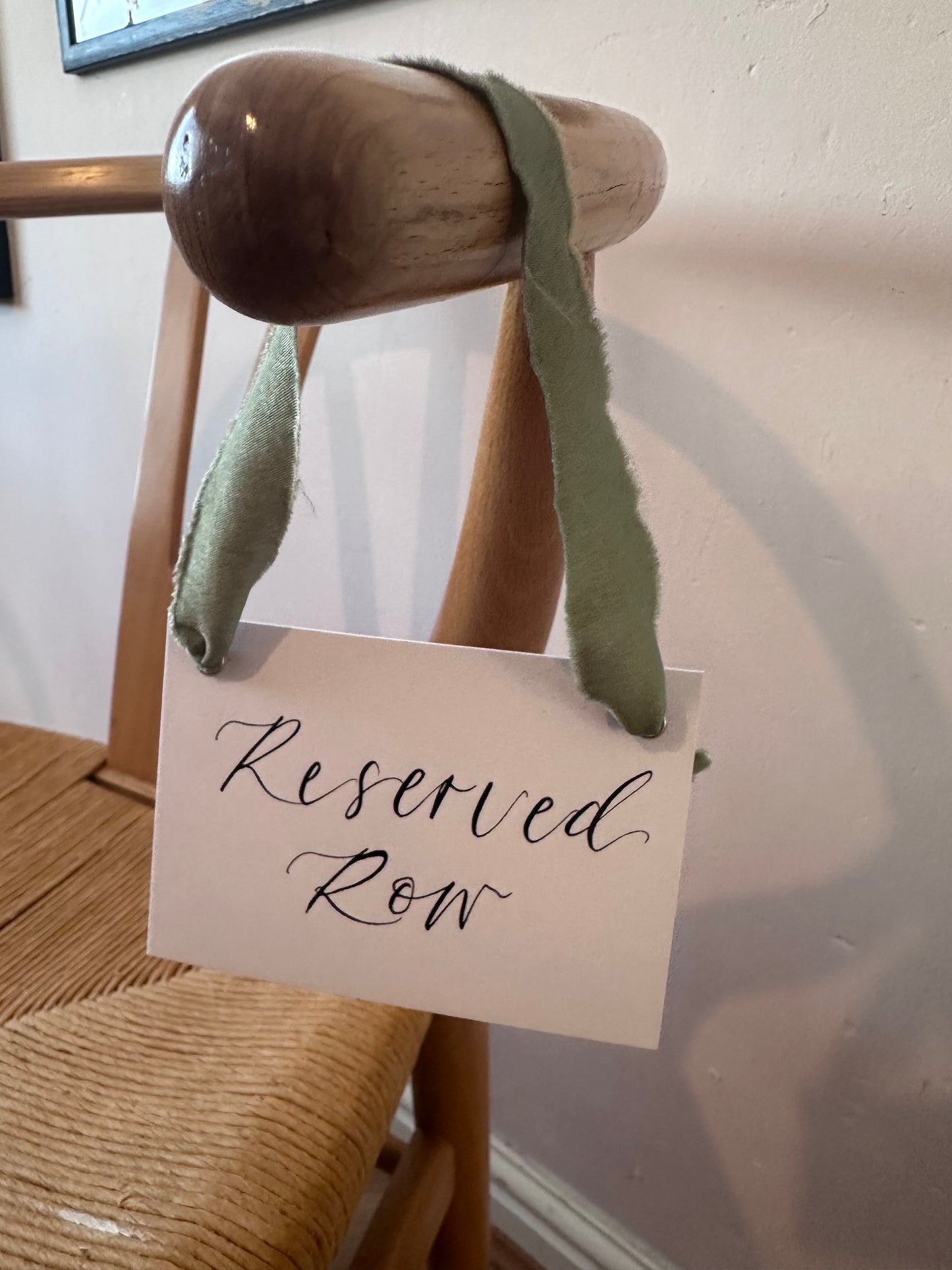 EUCALYPTUS Chiffon Ribbon Calligraphy Wedding Reserved Chair Sign | A7 Calligraphy Wedding Reserved Sign Card | Gold or Silver Eyelet