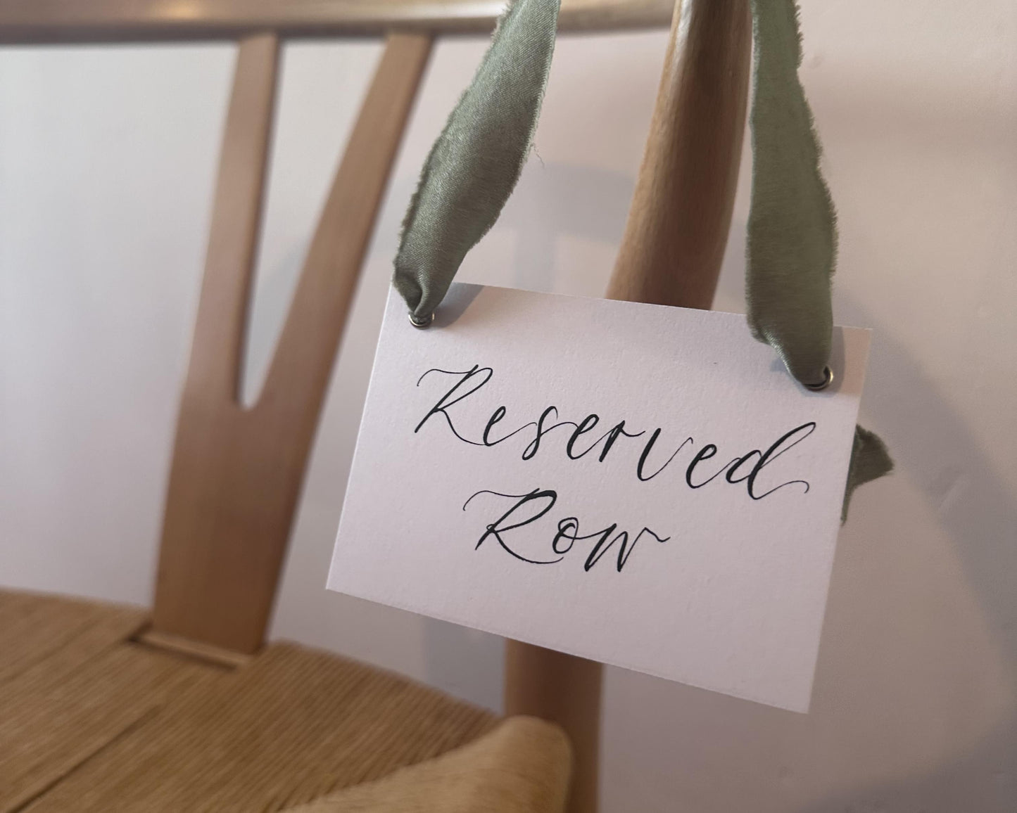 EUCALYPTUS Chiffon Ribbon Calligraphy Wedding Reserved Chair Sign | A7 Calligraphy Wedding Reserved Sign Card | Gold or Silver Eyelet