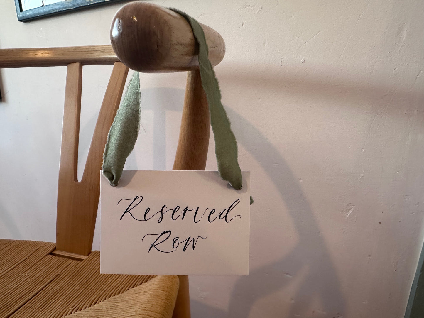 EUCALYPTUS Chiffon Ribbon Calligraphy Wedding Reserved Chair Sign | A7 Calligraphy Wedding Reserved Sign Card | Gold or Silver Eyelet