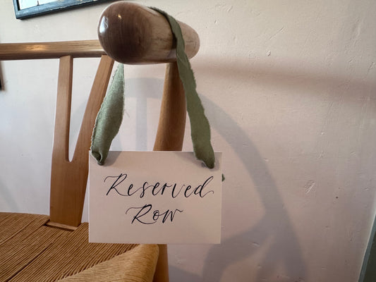EUCALYPTUS Chiffon Ribbon Calligraphy Wedding Reserved Chair Sign | A7 Calligraphy Wedding Reserved Sign Card | Gold or Silver Eyelet