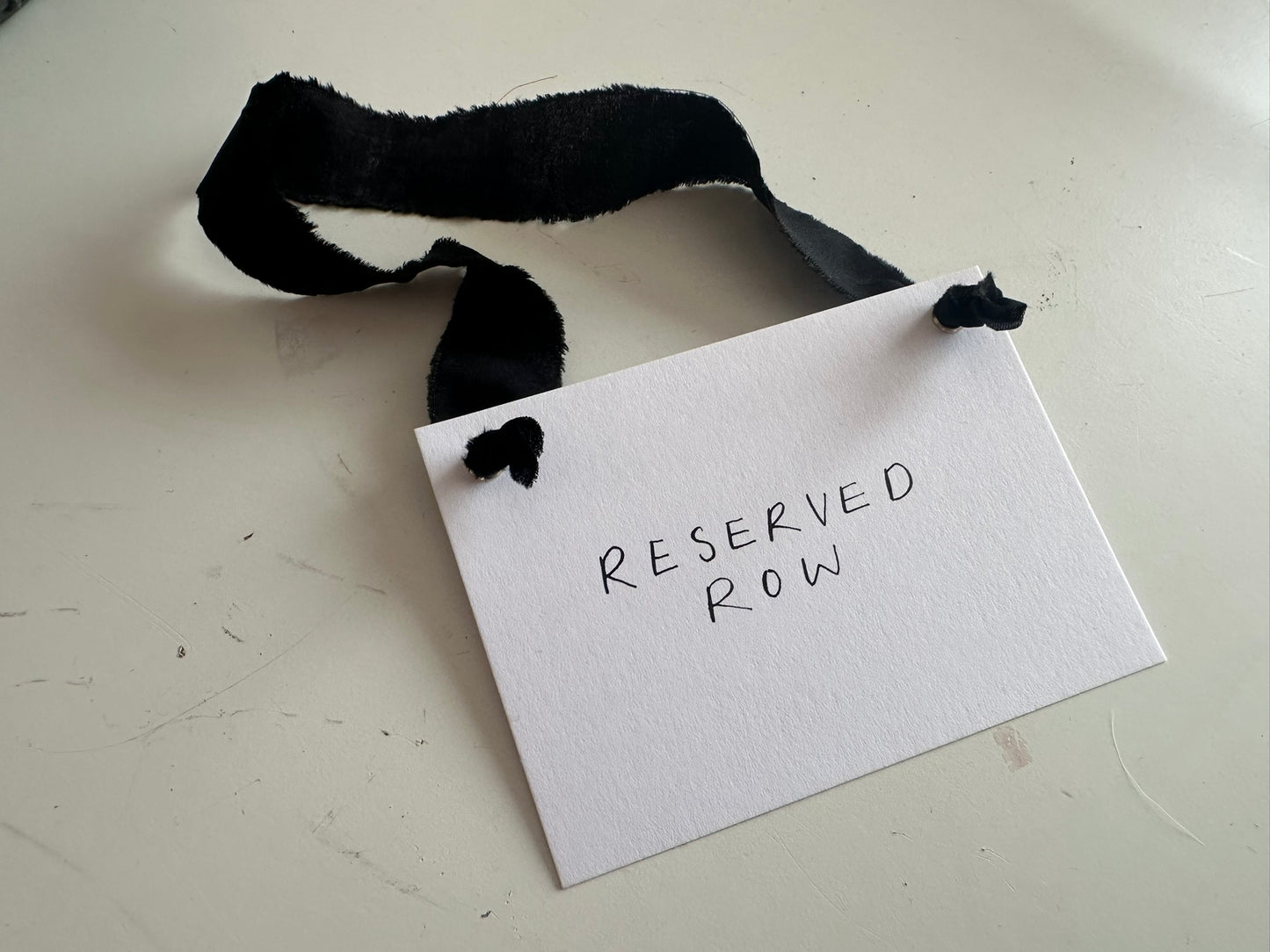 BLACK Chiffon Ribbon Minimal Wedding Reserved Chair Sign | A7 Handwritten Wedding Reserved Sign Card | Gold or Silver Eyelet