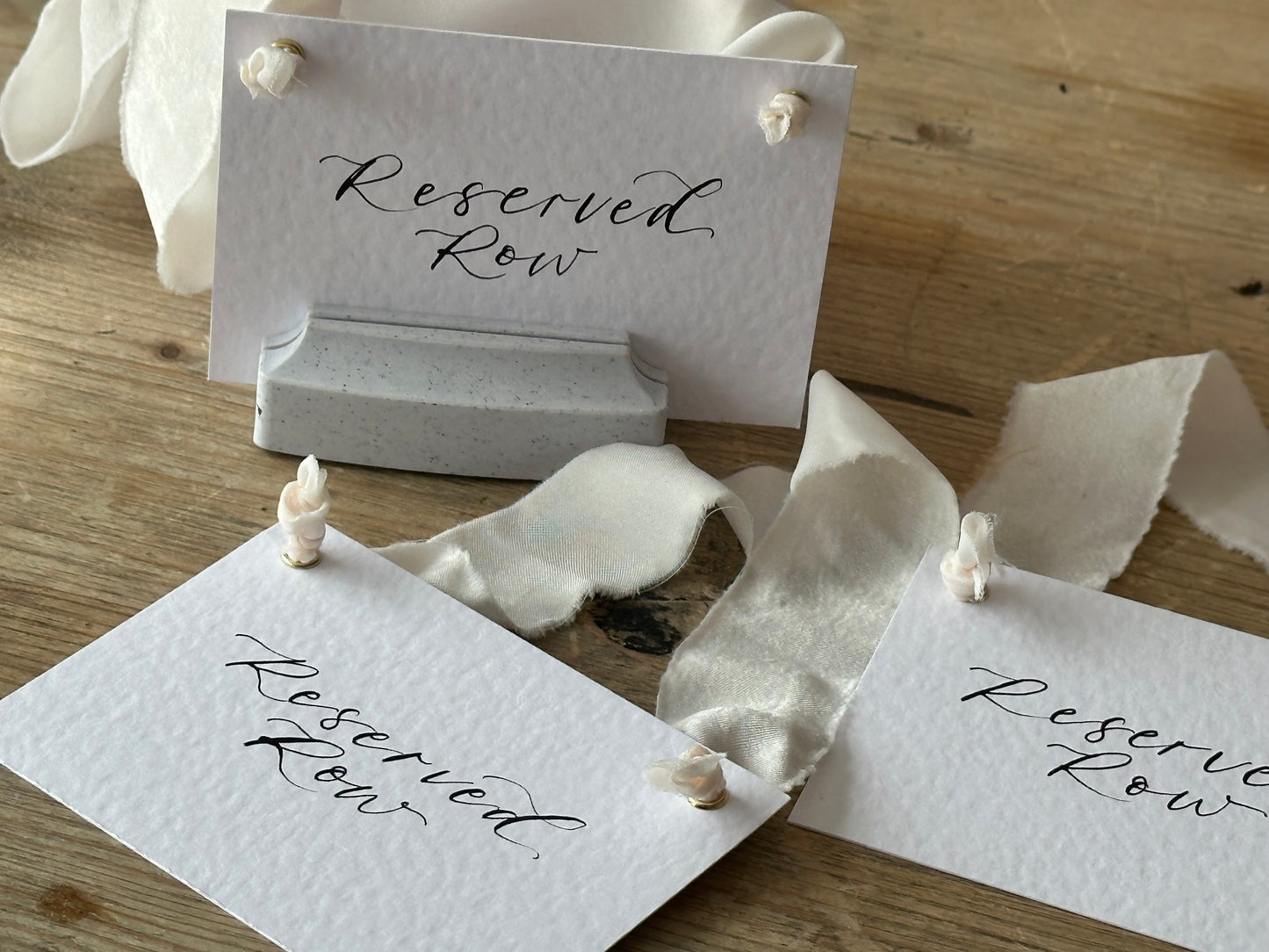 Custom Ribbon Calligraphy Wedding Reserved Chair Sign | A7 Hammered White Reserved Sign with Your Choice of Ribbon