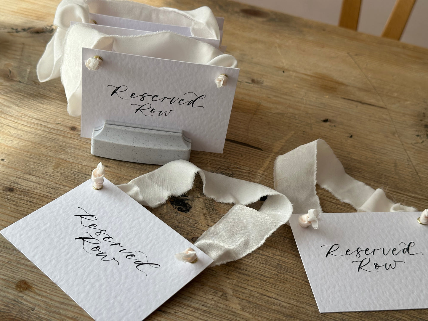 Custom Ribbon Calligraphy Wedding Reserved Chair Sign | A7 Hammered White Reserved Sign with Your Choice of Ribbon