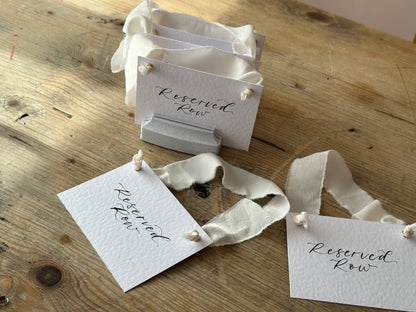 Custom Ribbon Calligraphy Wedding Reserved Chair Sign | A7 Hammered White Reserved Sign with Your Choice of Ribbon